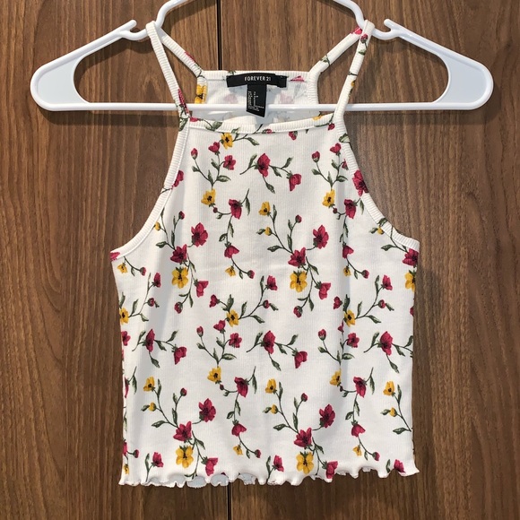 Forever 21 Tops - Forever 21 Ribbed White Floral Lettuce Crop Tank